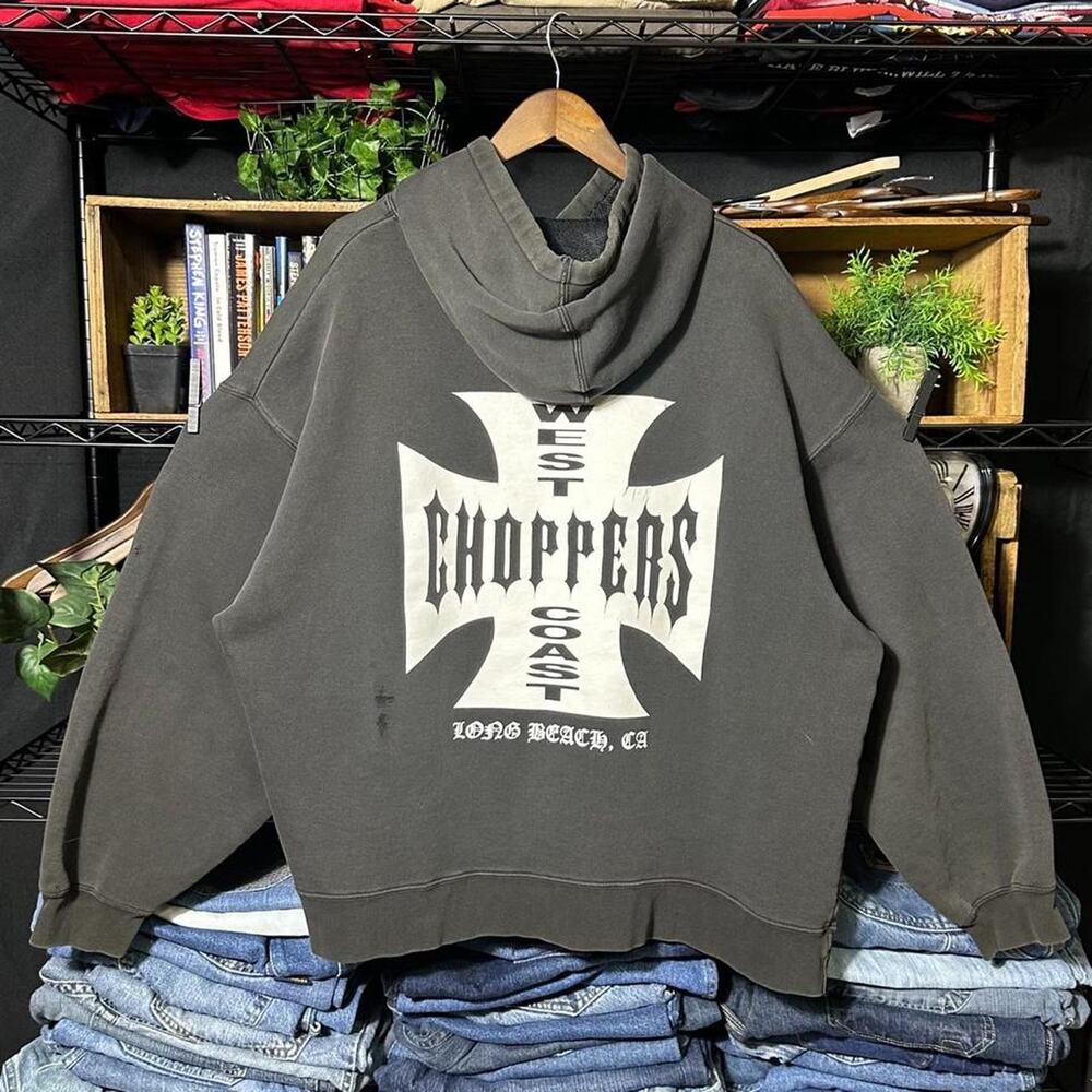 Vintage 90s West Coast Choppers Hoodie Faded Black Boxy Biker Sweatshirt Men 2XL